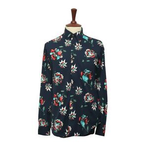 Mens Silk Shirt Button Up Blue Red Floral Casual Hawaiian Beach Party Medium